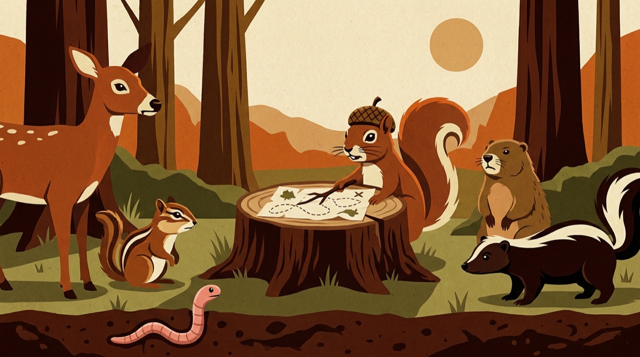 A squirrel in an acorn helmet briefs a deer, chipmunk, groundhog, skunk and earthworm over a map on a tree stump.