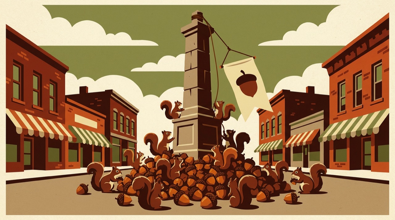 Squirrels pile acorns around a stone monument in a brick town square and raise an acorn banner.