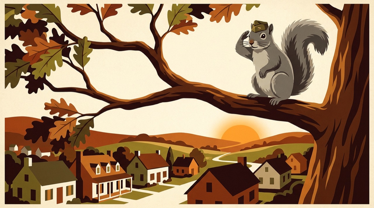 A squirrel in a military cap salutes from an oak branch above a township of colonial houses at sunrise.