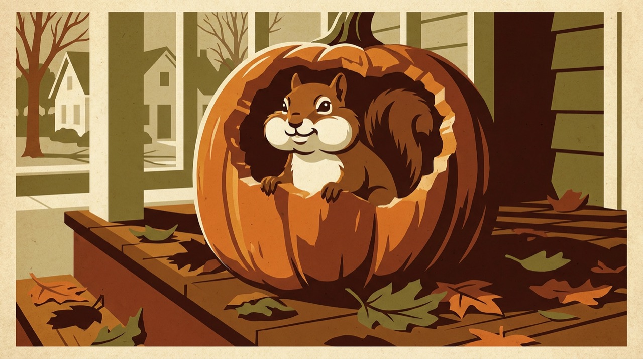 A squirrel with stuffed cheeks sits inside a half-eaten pumpkin on a porch.