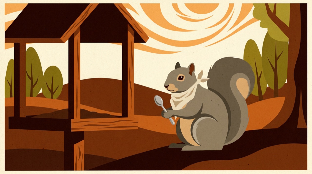 A plump squirrel in a napkin bib holds a spoon beside a bird feeder.