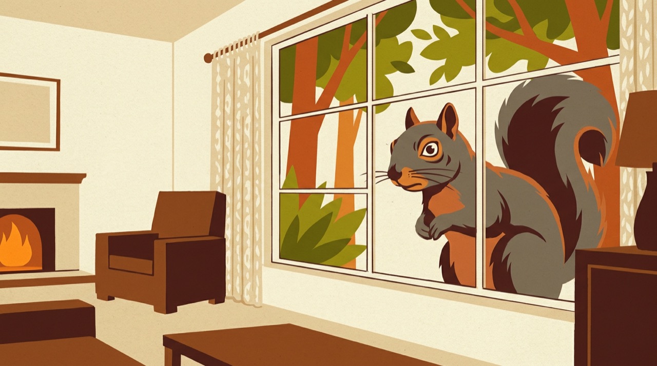 A squirrel presses its face to a living-room window and stares inside.